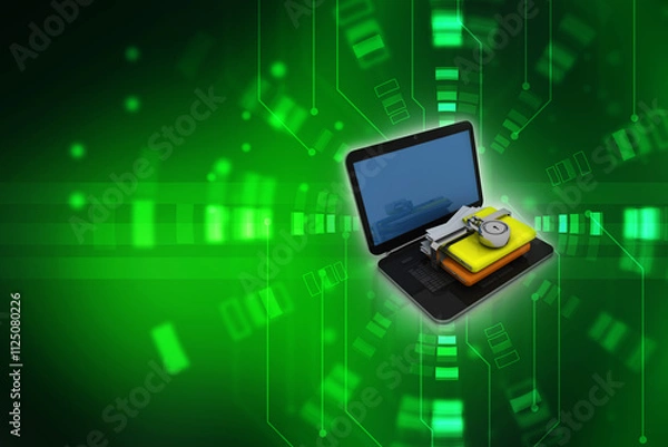 Fototapeta 3D rendering Yellow folder and lock ON laptop. Data security concept