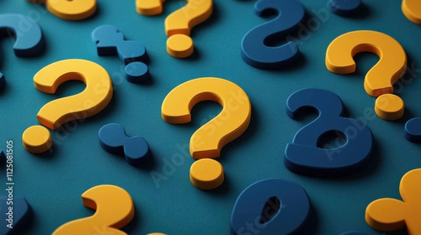 Fototapeta Colorful question marks in blue and yellow on teal background create playful and engaging atmosphere, perfect for adding text or graphics