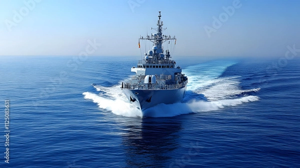 Fototapeta A large ship is sailing through the ocean with a beautiful sunset in the background. The ship is surrounded by a lot of water, and the sun is setting in the distance. The scene is peaceful and serene