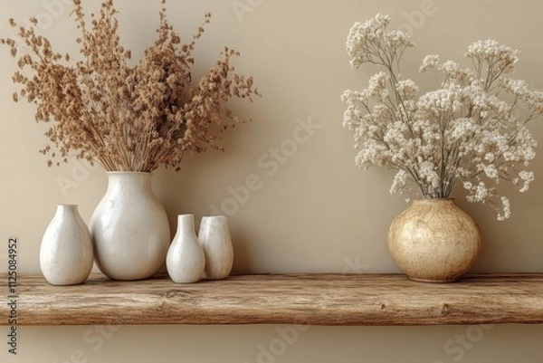 Obraz A minimalist shelf display featuring decorative vases with dried flowers against a neutral backdrop.