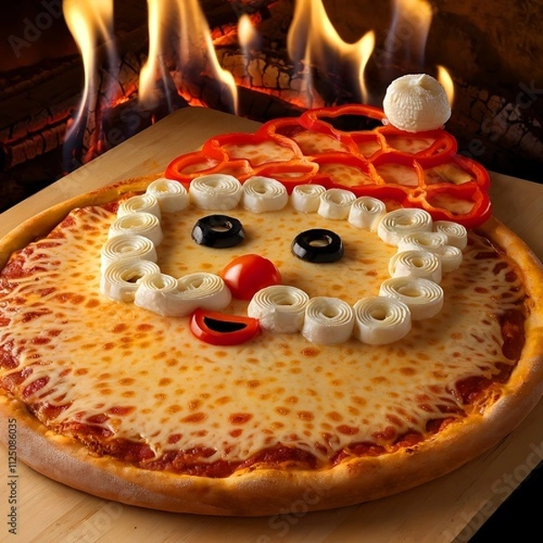 Fototapeta 3D Render of a Santa Claus Pizza with Mozzarella Beard, Pepper Hat, Tomato Nose, and Wood-Fired Oven Backdrop