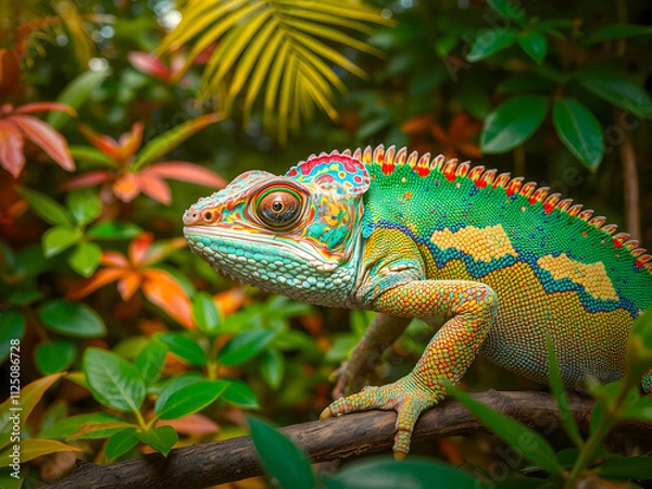 Fototapeta Colorful chameleon on the tree in the garden