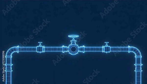 Fototapeta Abstract Industrial Pipeline System:  Glowing Wireframe Pipes and Valves in a Dark Blue Background