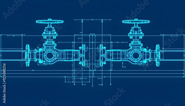 Fototapeta Engineering Blueprint: Detailed Technical Drawing of Industrial Valves and Pipe System
