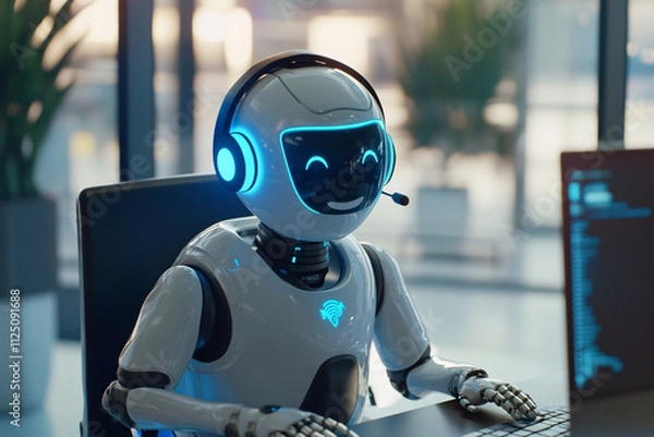 Fototapeta A robot assistant in a contact center, smiling and helping, representing AI’s contribution to enhancing customer service and boosting efficiency