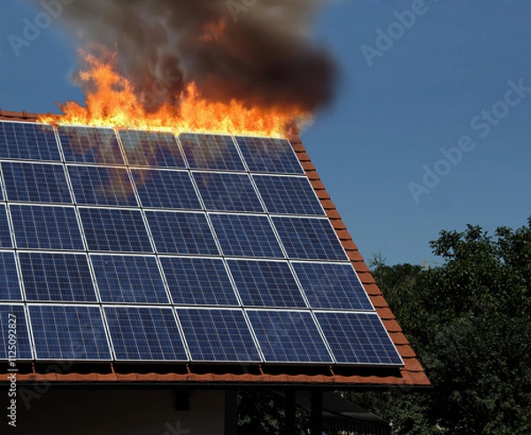 Obraz Burning roof of a single-family house with photovoltaics