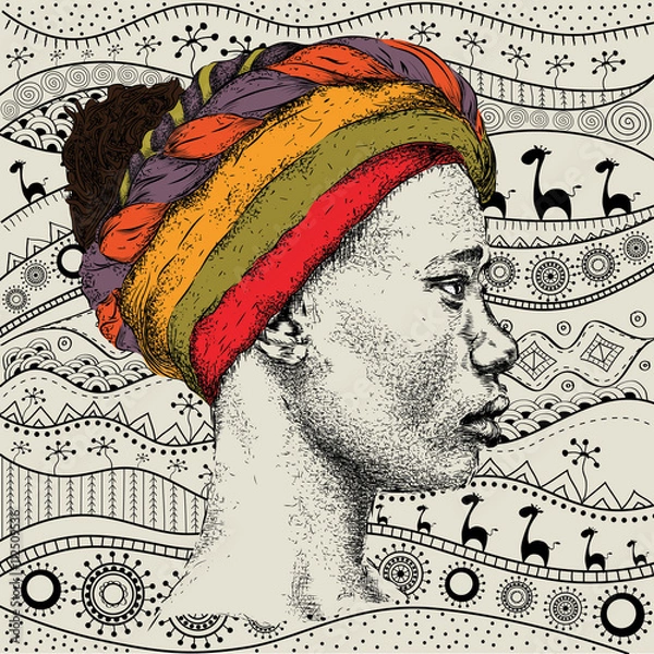 Obraz Girl girl with a turban on African hand-drawn ethno pattern, tribal background. Beautiful black woman. Profile view. Hand draw vector illustration