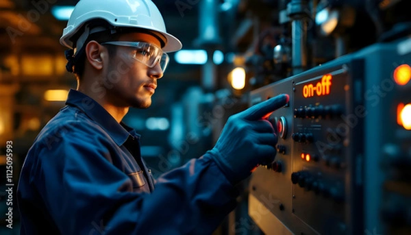 Fototapeta Focused Industrial Worker Operating Complex Machinery in a Modern Factory Setting