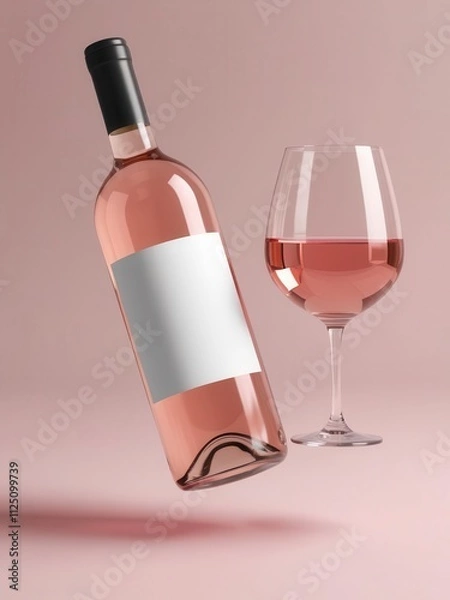 Obraz A stylish bottle of rose wine beside a glass filled with pink wine, set against a soft pastel backdrop.
