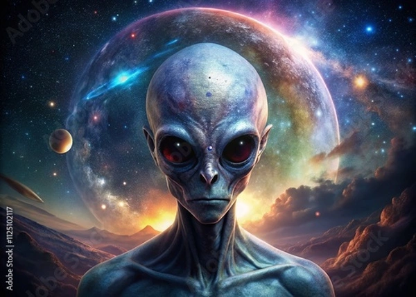 Fototapeta Creepy Double Exposure of an Alien Creature with Martian Features Blending into a Starry Night Sky, Capturing the Essence of Extraterrestrial Life and Mystique