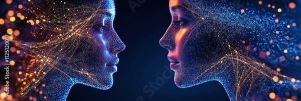 Obraz Two digital faces facing each other in dots of light.
