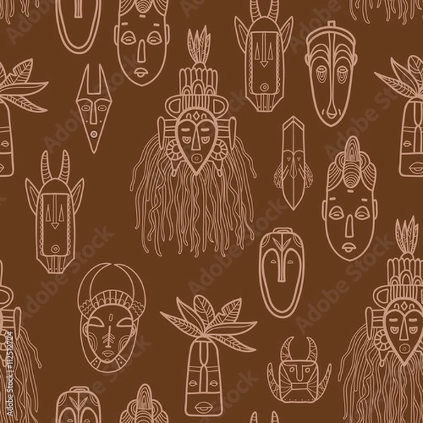 Obraz Hand drawn african masks. Seamless vector pattern.