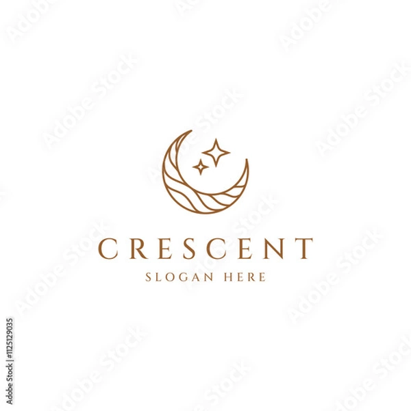Fototapeta Elegant crescent moon and star logo design line icon vector in linear luxury style outline