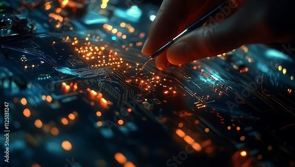 Fototapeta A close-up of hands working on an electronic circuit board, with glowing diodes and intricate designs. The focus is sharp on the fingers holding tools like wires or pliers, AI GENERATED