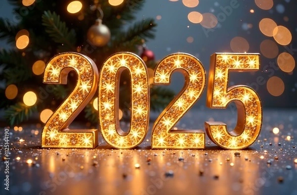 Obraz Bright glowing numbers 2025 on a New Year's festive background