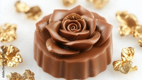 Obraz A realistic chocolate rose surrounded by delicate edible gold flakes on a luxurious white background