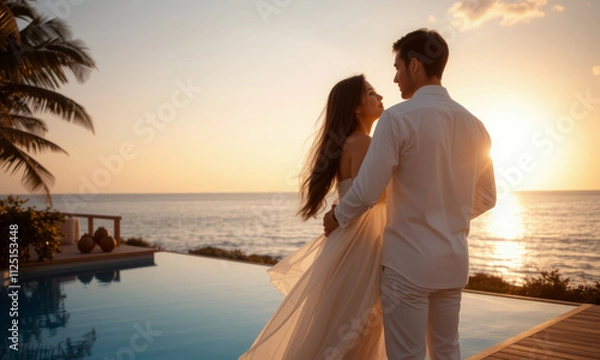 Fototapeta couple embraces by pool at sunset, surrounded by tropical scenery, creating romantic atmosphere. warm glow of sun enhances their intimate moment