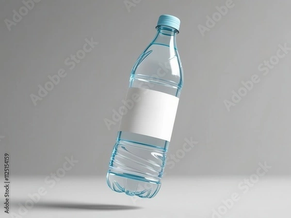 Obraz A clear water bottle with blank label, suspended in mid-air against a neutral background, perfect for branding.
