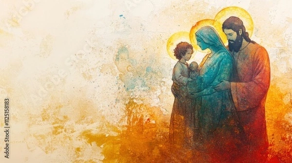 Fototapeta A watercolor painting of the Holy Family with glowing halos, radiant light, intricate details, and a peaceful backdrop, evoking divine serenity.