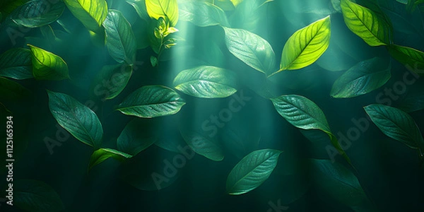 Fototapeta A vibrant, lush green forest filled with an abundance of leaves. The sun is shining brightly through the trees, casting a warm glow on the foliage. The scene is peaceful and serene