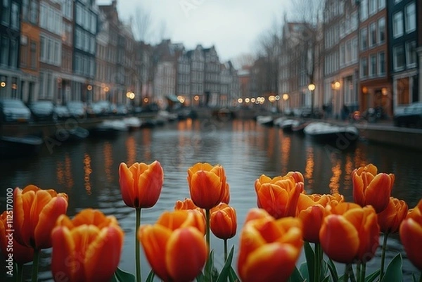 Obraz A serene canal scene in Amsterdam with vibrant orange tulips in the foreground.