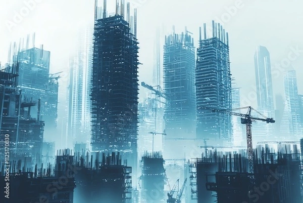 Fototapeta A misty skyline showcasing ongoing construction of skyscrapers at dawn.