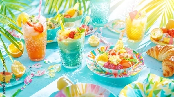 Fototapeta Vibrant tropical drinks and colorful fruits on a sunny table setting.