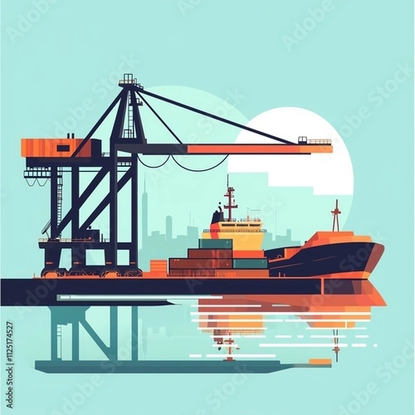 Fototapeta A vibrant illustration of a cargo ship docked at a modern port with cranes.