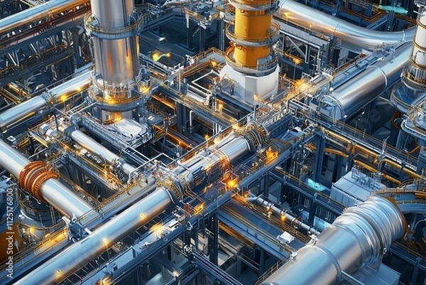 Fototapeta Aerial view of complex industrial pipeline system with metallic structures.
