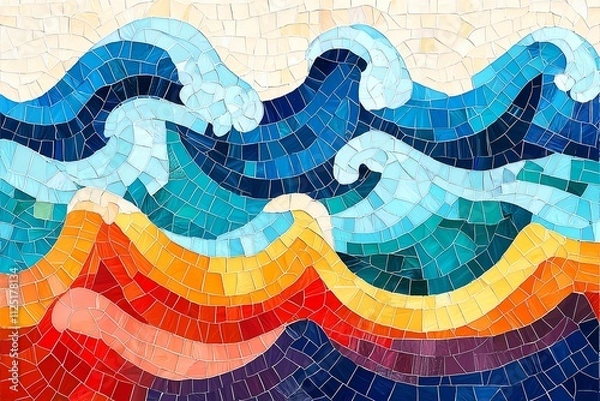 Obraz Colorful mosaic artwork depicting vibrant ocean waves in flowing patterns.