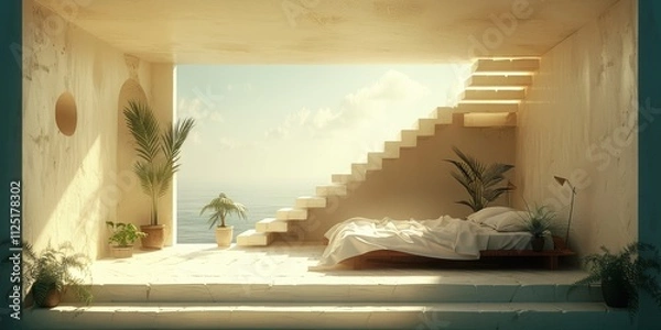 Fototapeta Minimalist coastal retreat with serene ocean view, featuring white staircase, lush green plants, and an elegant bed bathed in warm sunlight