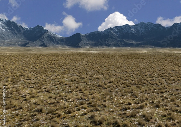 Obraz Fields with mountains landscape 3d render. No AI used