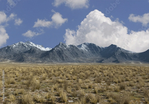 Obraz Fields with mountains landscape 3d render. No AI used