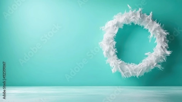 Fototapeta A decorative white feather wreath set against a turquoise background, capturing a minimalist and elegant appearance in contemporary home decor with simplicity.