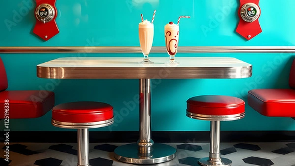 Fototapeta  1950s-style diner table with a vibrant teal backdrop, featuring a milkshake.