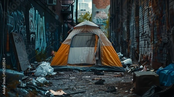 Fototapeta A dilapidated, empty tent in a deserted urban alleyway, surrounded by trash and debris.