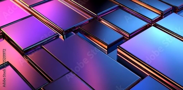 Fototapeta 3D render of iridescent glass texture with chrome elements and stripes on black, AI generated illustration