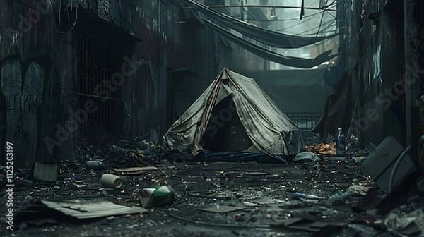 Fototapeta A dilapidated, empty tent in a deserted urban alleyway, surrounded by trash and debris.