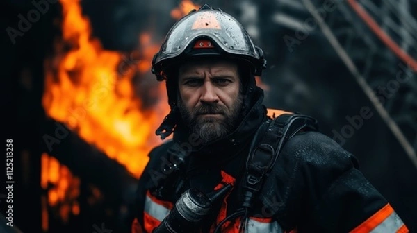 Fototapeta Horizontal shot. A beautiful tall 190 cm firefighter of 35 years old with a stern expression on his face comes out of the fire