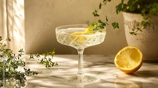 Fototapeta Sparkling cocktail in coupe glass with lemon and thyme garnish.