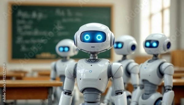 Fototapeta Robots Assisting in Education Classroom Setting Digital Learning Modern Technology Close-Up View