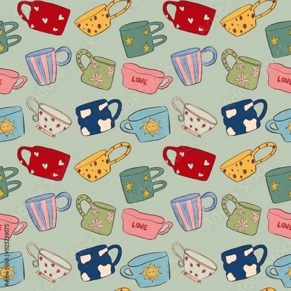 Fototapeta  pattern of cute hand painted cup design elements for stickers, menus, banners, invitations, towels and more