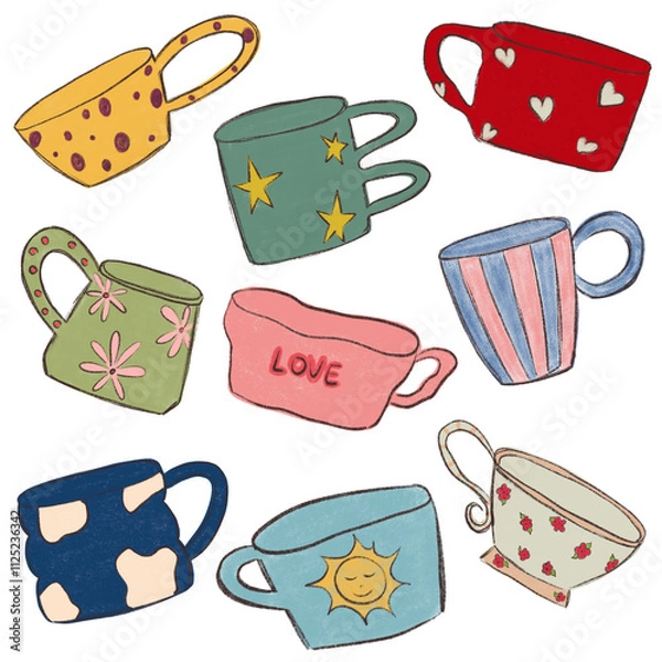 Fototapeta set of different cups, hand painted in mixed media, isolated on white background.