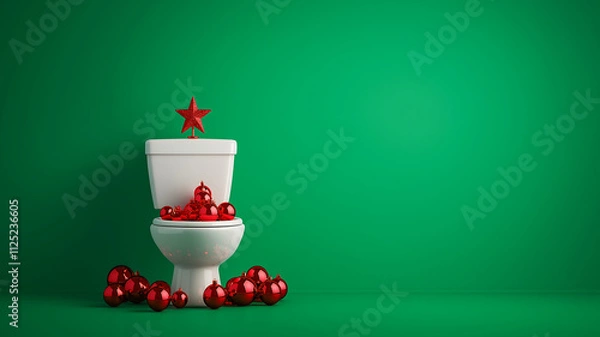 Fototapeta A creative and original arrangement of a toilet bowl decorated with red Christmas ornaments and a star on top, on solid mint green background, in the spirit of Christmas and New Year