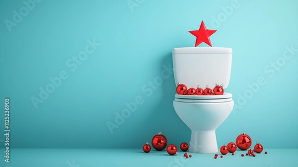 Fototapeta A creative and original arrangement of a toilet bowl decorated with red Christmas ornaments and a star on top, on solid ice blue background, in the spirit of Christmas and New Year