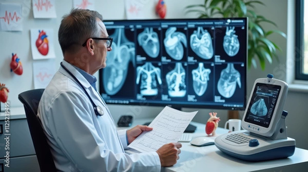 Fototapeta Cardiology doctor reviews cardiac ultrasound images and EKG graphs in a modern medical setting. Cardiologist Analyzing Ultrasound Images and EKGs