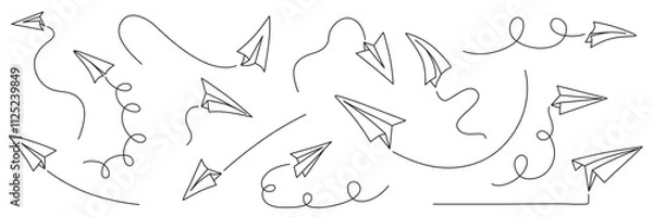 Obraz Hand drawing paper airplanes set. Vector stock illustration isolated on white background for design template business or education presentation, information banner. Editable stroke line.