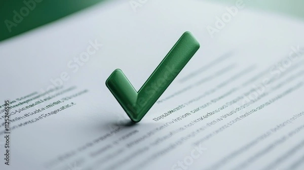 Fototapeta Green Check Mark on Printed Document with Blurred Text in Soft Focus Background