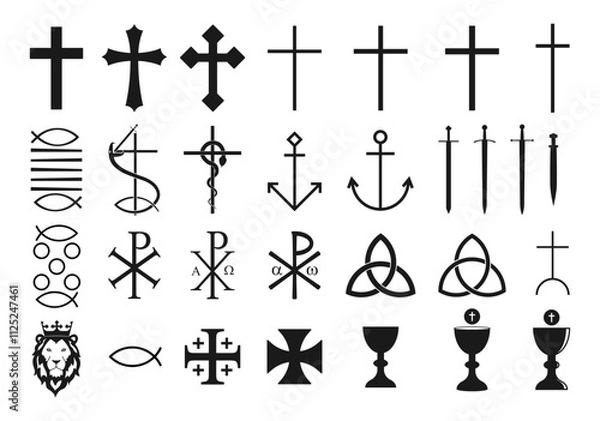 Fototapeta Christianity vector symbol set. Cross crusifix. Nehushtan bronze snake. Bread miracle. Ichthys and trinity sign. Lion of judah logo. Chi rho sign. Anchor and communion chalice cup symbol
