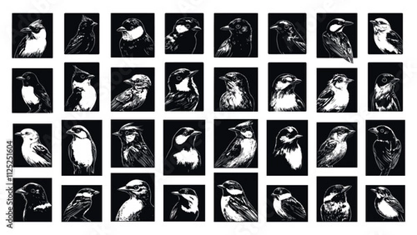 Fototapeta Various Birds Portraits In Squares Ink Style Vector Illustrations Unique Artwork Creative Design Decorative Elements Artistic Visuals Modern Graphics Distinctive Art Style Animal